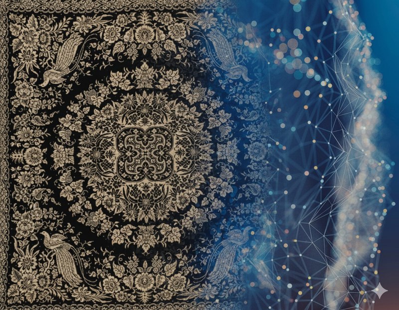 A traditional patterned rug blending into an abstract neural-network visualization